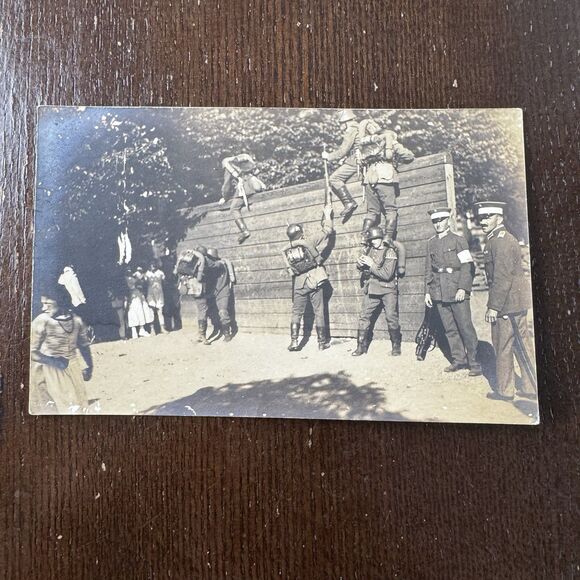 RPPC Real Photo Postcard Vintage Military Obstacle Course Wall Soldiers Training - Picture 1 of 7